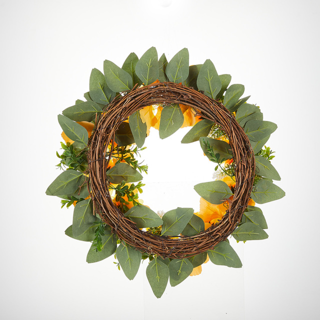 Milalit 41cm 15.7 Inch Sunflower Yellow Hanging Decorative PVC Material Wreath with Green Leaves for Garden School Kindergarten Decor PVC Artificial Sunflower Wreath Yellow Flowers Garland for Xmas Halloween Easter Thanksgiving Festival Room Door Decor