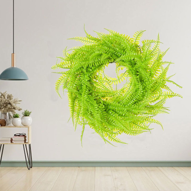 Milalit 45cm 17.7inch Green Leaves Phoenix-tail Fern Grass Round Wreath Light Green Vine Hanging Garland Boston Fern Wreaths for Living Room Outdoor Front Door Gate Decorative Ornaments
