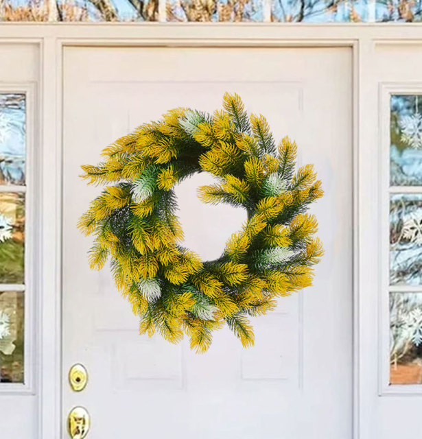 Milalit 46cm 18.1inch Pine Needle Christmas Green Artificial Wreaths Pine Cone Yellow Leaves Wreath for Xmas Holly Season Thanksgiving Easter Festival Front Door Wall Ornaments Celebration