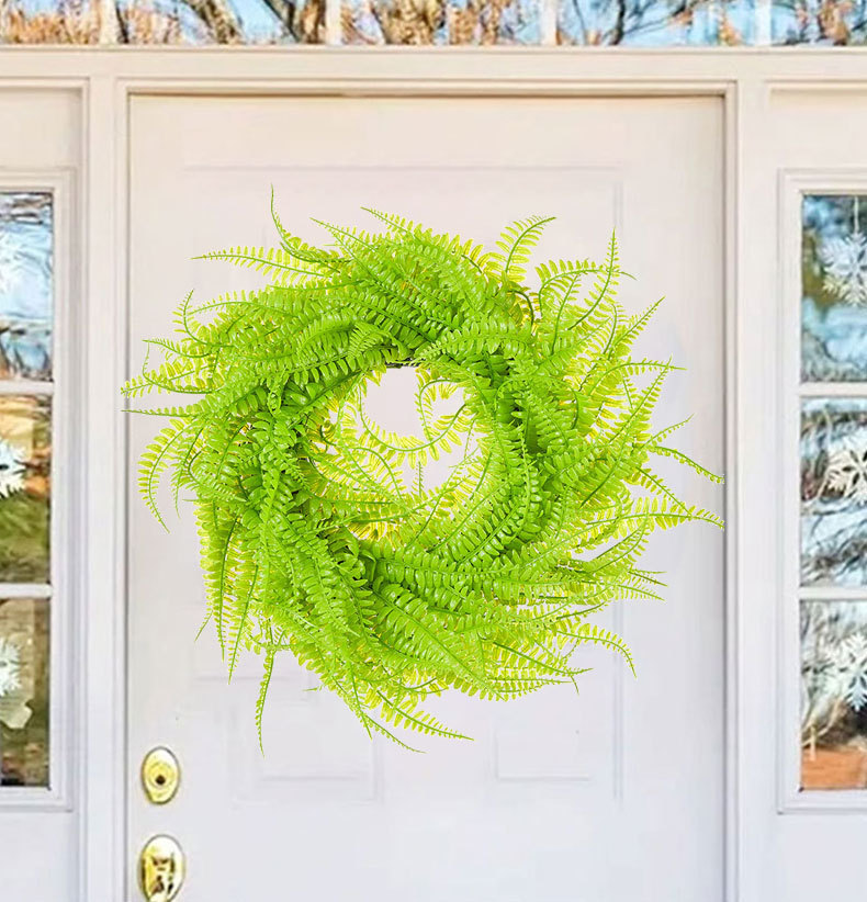 Milalit 45cm 17.7inch Green Leaves Phoenix-tail Fern Grass Round Wreath Light Green Vine Hanging Garland Boston Fern Wreaths for Living Room Outdoor Front Door Gate Decorative Ornaments