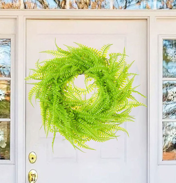 Milalit 45cm 17.7inch Green Leaves Phoenix-tail Fern Grass Round Wreath Light Green Vine Hanging Garland Boston Fern Wreaths for Living Room Outdoor Front Door Gate Decorative Ornaments