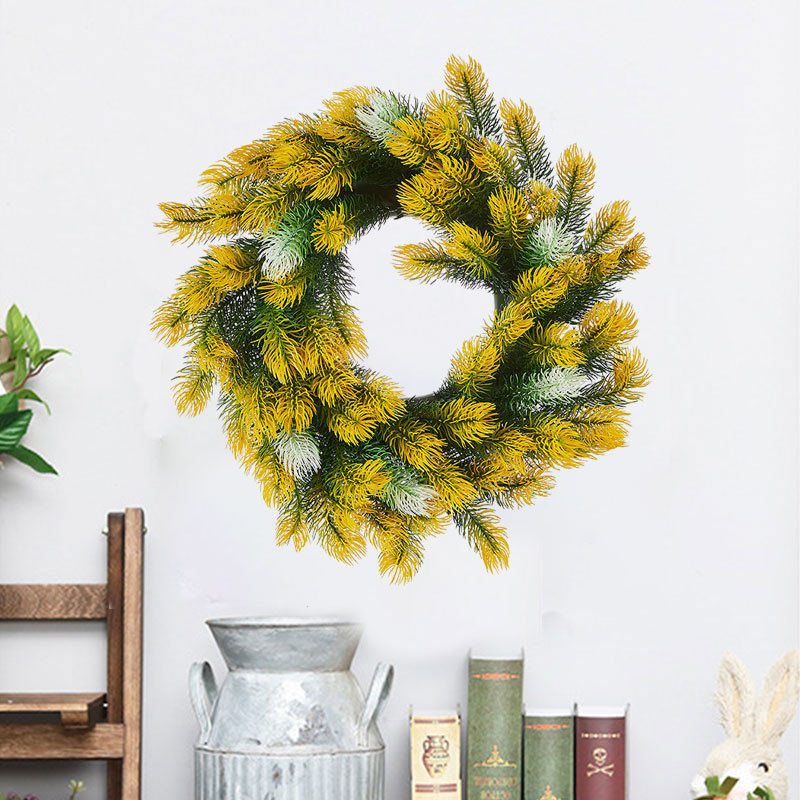 Milalit 46cm 18.1inch Pine Needle Christmas Green Artificial Wreaths Pine Cone Yellow Leaves Wreath for Xmas Holly Season Thanksgiving Easter Festival Front Door Wall Ornaments Celebration