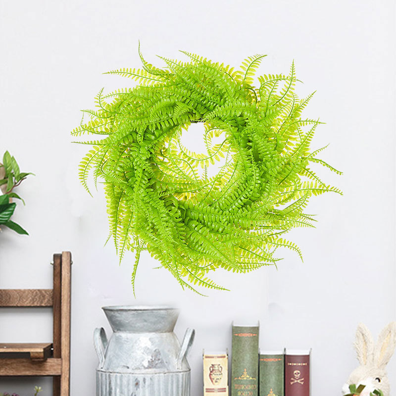 Milalit 45cm 17.7inch Green Leaves Phoenix-tail Fern Grass Round Wreath Light Green Vine Hanging Garland Boston Fern Wreaths for Living Room Outdoor Front Door Gate Decorative Ornaments