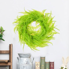 Milalit 45cm 17.7inch Green Leaves Phoenix-tail Fern Grass Round Wreath Light Green Vine Hanging Garland Boston Fern Wreaths for Living Room Outdoor Front Door Gate Decorative Ornaments