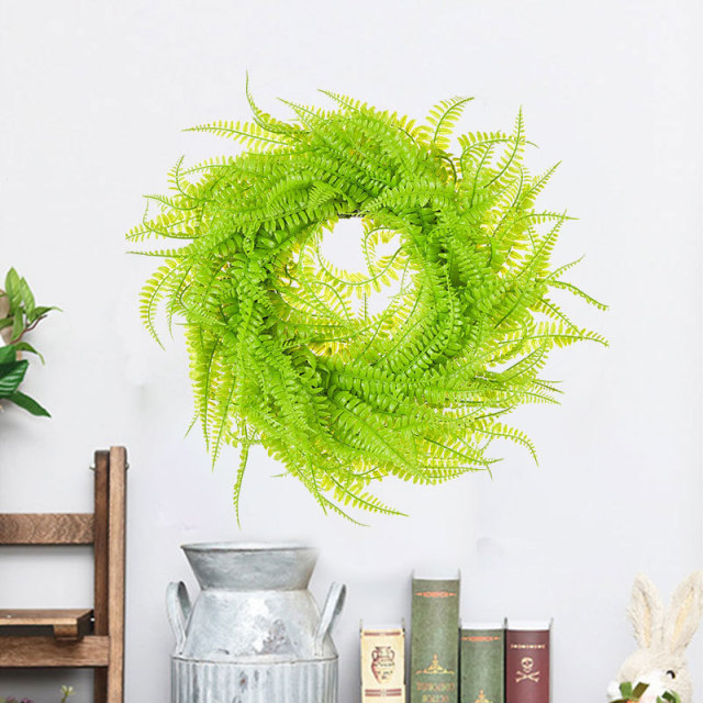 Milalit 45cm 17.7inch Green Leaves Phoenix-tail Fern Grass Round Wreath Light Green Vine Hanging Garland Boston Fern Wreaths for Living Room Outdoor Front Door Gate Decorative Ornaments