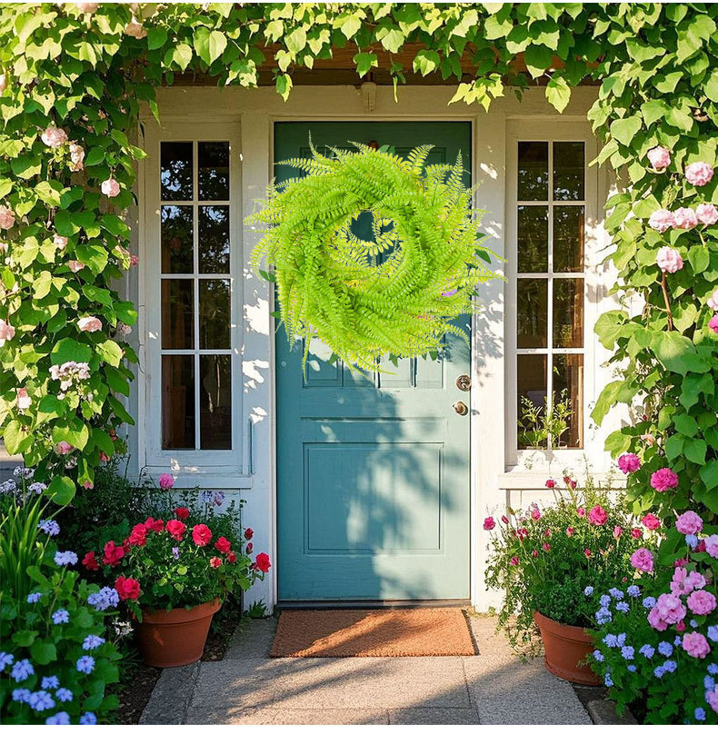 Milalit 45cm 17.7inch Green Leaves Phoenix-tail Fern Grass Round Wreath Light Green Vine Hanging Garland Boston Fern Wreaths for Living Room Outdoor Front Door Gate Decorative Ornaments