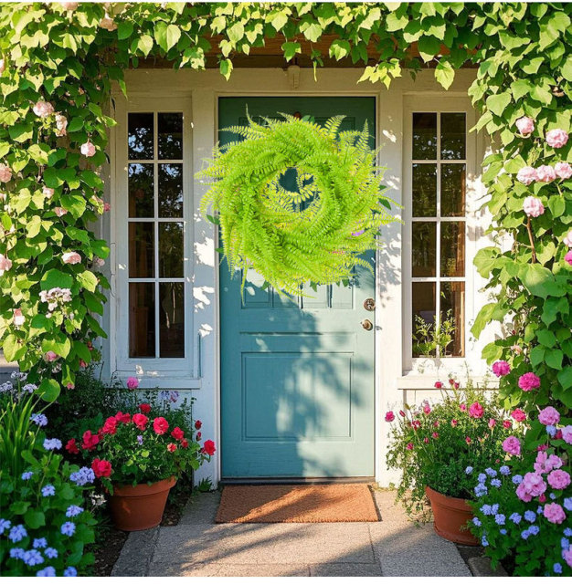 Milalit 45cm 17.7inch Green Leaves Phoenix-tail Fern Grass Round Wreath Light Green Vine Hanging Garland Boston Fern Wreaths for Living Room Outdoor Front Door Gate Decorative Ornaments