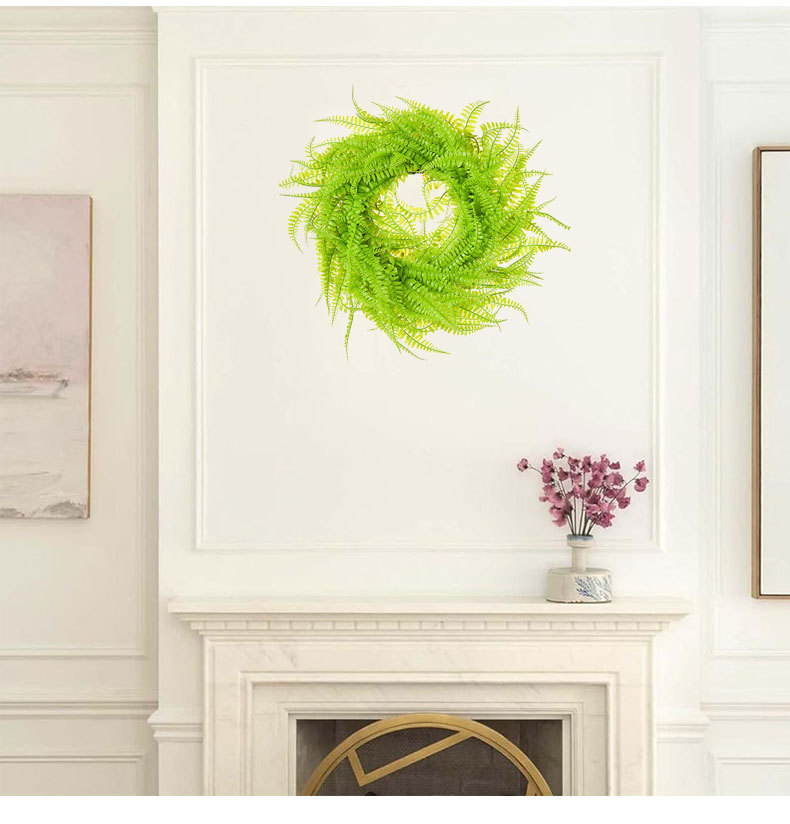 Milalit 45cm 17.7inch Green Leaves Phoenix-tail Fern Grass Round Wreath Light Green Vine Hanging Garland Boston Fern Wreaths for Living Room Outdoor Front Door Gate Decorative Ornaments