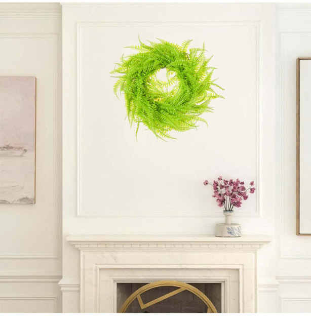Milalit 45cm 17.7inch Green Leaves Phoenix-tail Fern Grass Round Wreath Light Green Vine Hanging Garland Boston Fern Wreaths for Living Room Outdoor Front Door Gate Decorative Ornaments