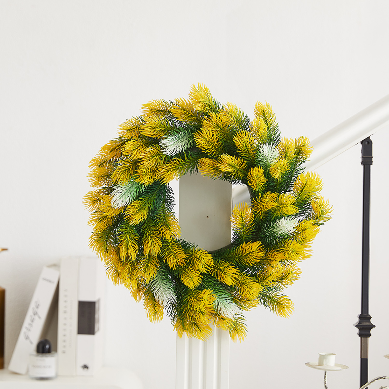 Milalit 46cm 18.1inch Pine Needle Christmas Green Artificial Wreaths Pine Cone Yellow Leaves Wreath for Xmas Holly Season Thanksgiving Easter Festival Front Door Wall Ornaments Celebration