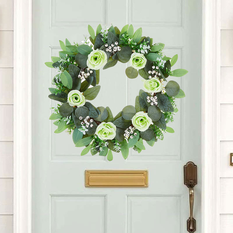 Milalit 47cm 18.5 Inch Green Leaves with Artificial Rose Flower Wreath Floral Roses Wreaths for Outdoor Wedding Hanging Pendant Front Door Gate Decorative Ornaments