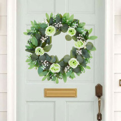 Milalit 47cm 18.5 Inch Green Leaves with Artificial Rose Flower Wreath Floral Roses Wreaths for Outdoor Wedding Hanging Pendant Front Door Gate Decorative Ornaments