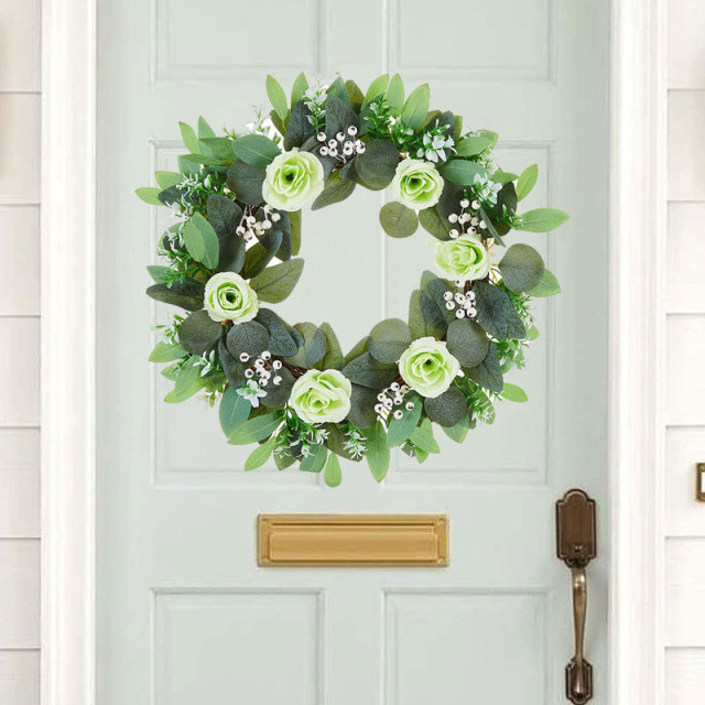 Milalit 47cm 18.5 Inch Green Leaves with Artificial Rose Flower Wreath Floral Roses Wreaths for Outdoor Wedding Hanging Pendant Front Door Gate Decorative Ornaments