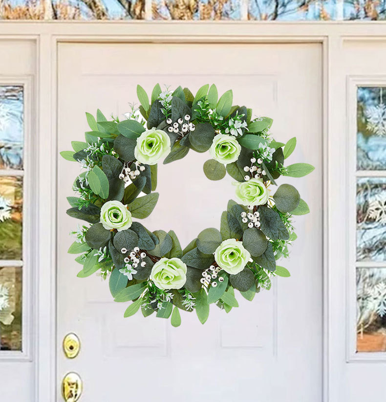 Milalit 47cm 18.5 Inch Green Leaves with Artificial Rose Flower Wreath Floral Roses Wreaths for Outdoor Wedding Hanging Pendant Front Door Gate Decorative Ornaments
