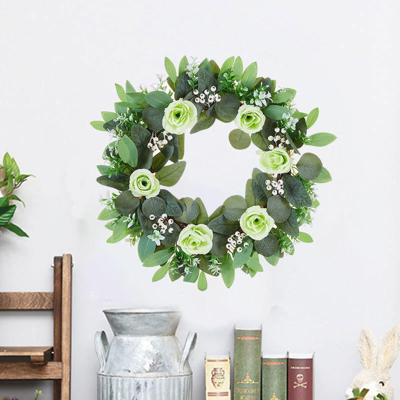 Milalit 47cm 18.5 Inch Green Leaves with Artificial Rose Flower Wreath Floral Roses Wreaths for Outdoor Wedding Hanging Pendant Front Door Gate Decorative Ornaments