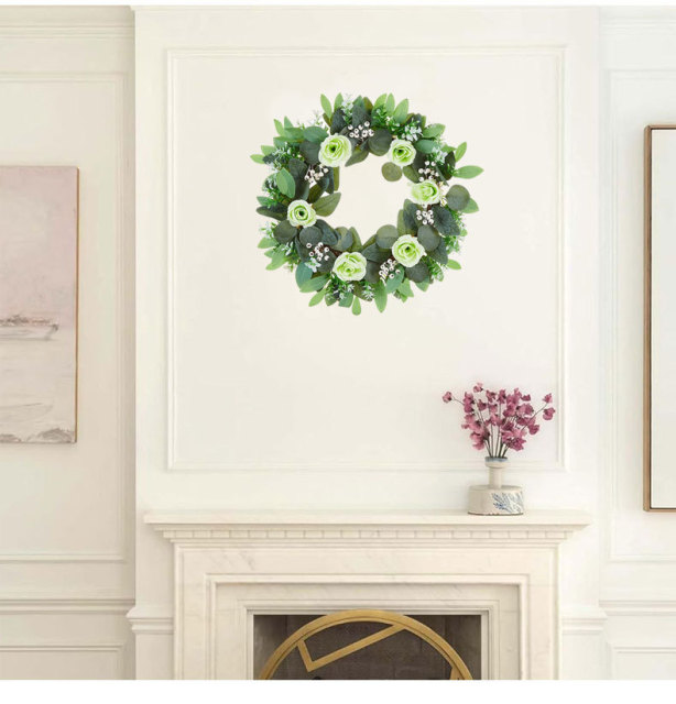 Milalit 47cm 18.5 Inch Green Leaves with Artificial Rose Flower Wreath Floral Roses Wreaths for Outdoor Wedding Hanging Pendant Front Door Gate Decorative Ornaments