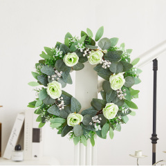 Milalit 47cm 18.5 Inch Green Leaves with Artificial Rose Flower Wreath Floral Roses Wreaths for Outdoor Wedding Hanging Pendant Front Door Gate Decorative Ornaments
