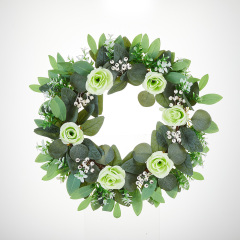 Milalit 47cm 18.5 Inch Green Leaves with Artificial Rose Flower Wreath Floral Roses Wreaths for Outdoor Wedding Hanging Pendant Front Door Gate Decorative Ornaments