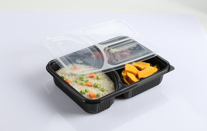 Custom wholesale disposable plastic 3 compartments 1200ml large tray fruit takeout box takeaway packing box PP split food box with flat lid dual color