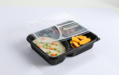 Custom wholesale disposable plastic 3 compartments 1200ml large tray fruit takeout box takeaway packing box PP split food box with flat lid dual color