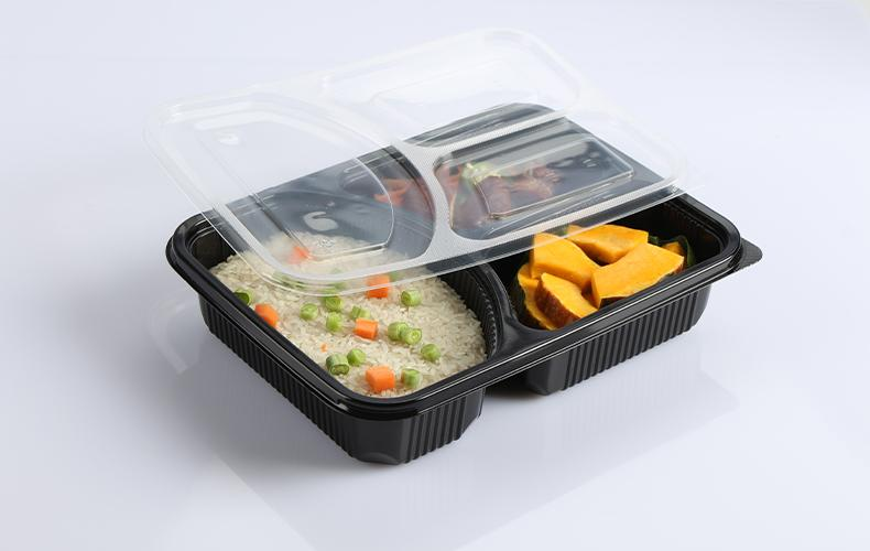 Custom wholesale disposable plastic 3 compartments 1200ml large tray fruit takeout box takeaway packing box PP split food box with flat lid dual color