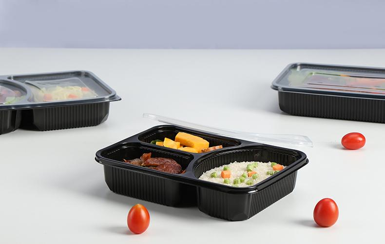 Custom wholesale disposable plastic 3 compartments 1200ml large tray fruit takeout box takeaway packing box PP split food box with flat lid dual color