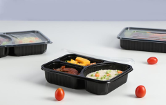 Custom wholesale disposable plastic 3 compartments 1200ml large tray fruit takeout box takeaway packing box PP split food box with flat lid dual color