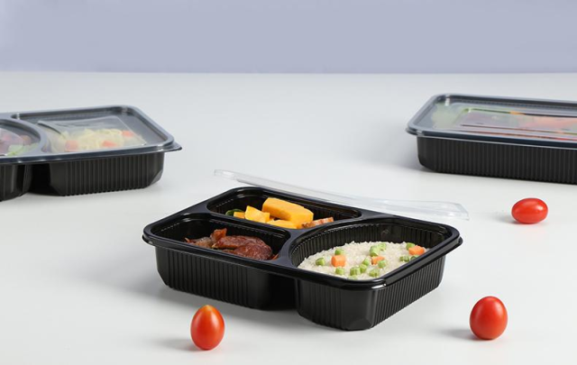 Custom wholesale disposable plastic 3 compartments 1200ml large tray fruit takeout box takeaway packing box PP split food box with flat lid dual color