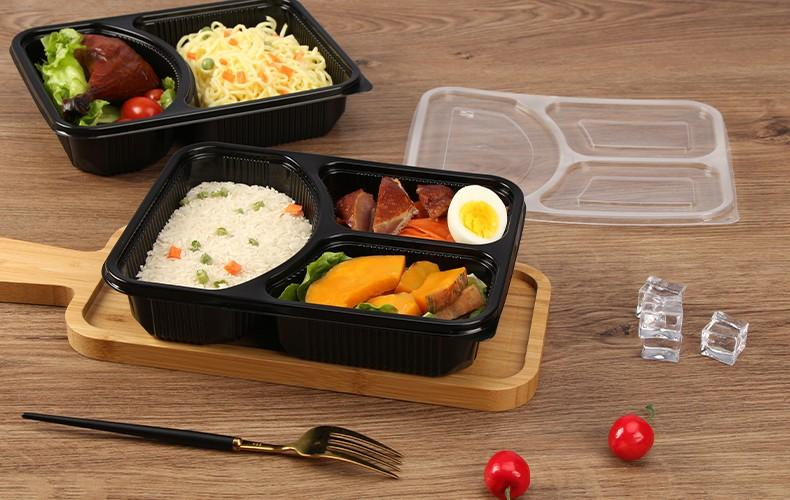 Custom wholesale disposable plastic 3 compartments 1200ml large tray fruit takeout box takeaway packing box PP split food box with flat lid dual color