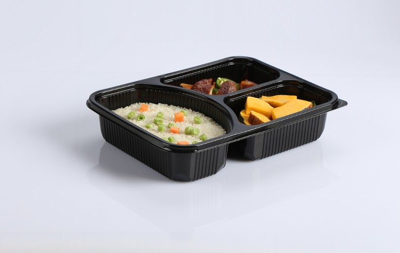 Custom wholesale disposable plastic 3 compartments 1200ml large tray fruit takeout box takeaway packing box PP split food box with flat lid dual color