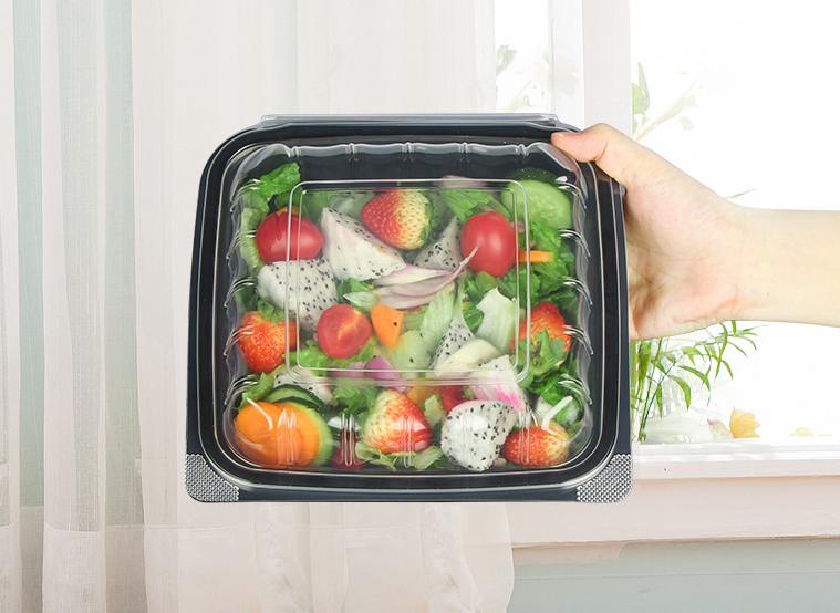 Custom wholesale disposable food box anti-fog  one-piece hinged sushi bento burger box Creative light food salad take-out container 1000ml