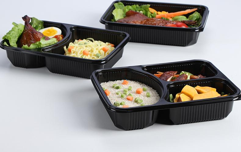 Custom wholesale disposable plastic 3 compartments 1200ml large tray fruit takeout box takeaway packing box PP split food box with flat lid dual color