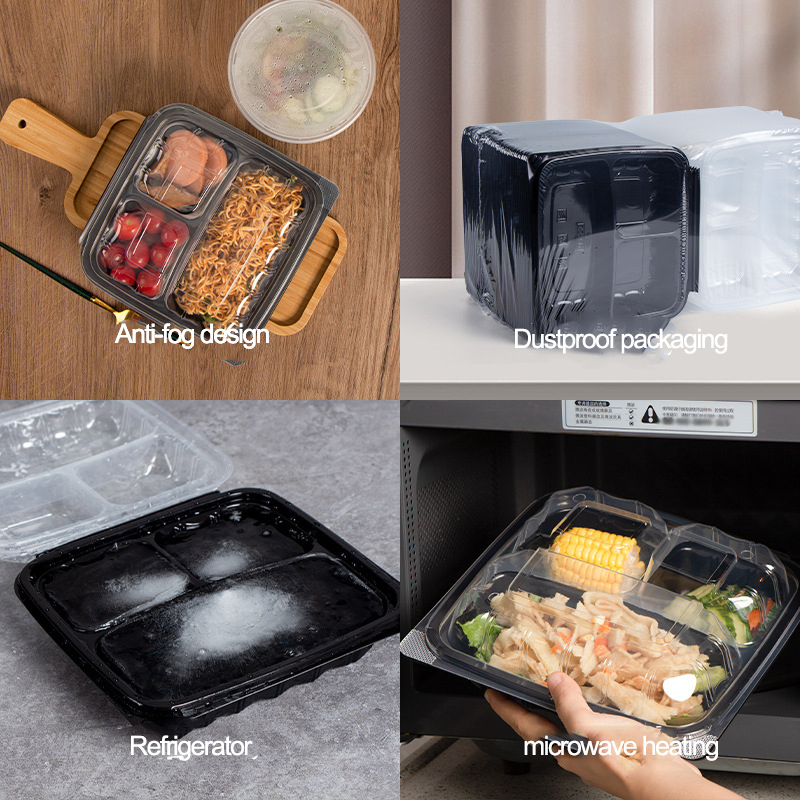 Custom wholesale disposable food box anti-fog 3 compartments lunch take out box Creative light food salad take-out container 1000ml with divided lid