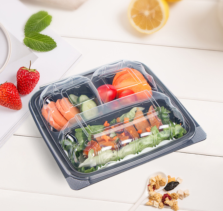 Custom wholesale disposable food box anti-fog 3 compartments lunch take out box Creative light food salad take-out container 1000ml with divided lid