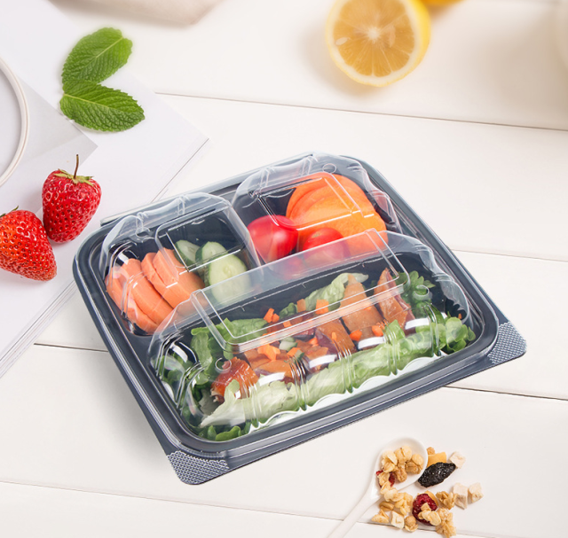 Custom wholesale disposable food box anti-fog 3 compartments lunch take out box Creative light food salad take-out container 1000ml with divided lid