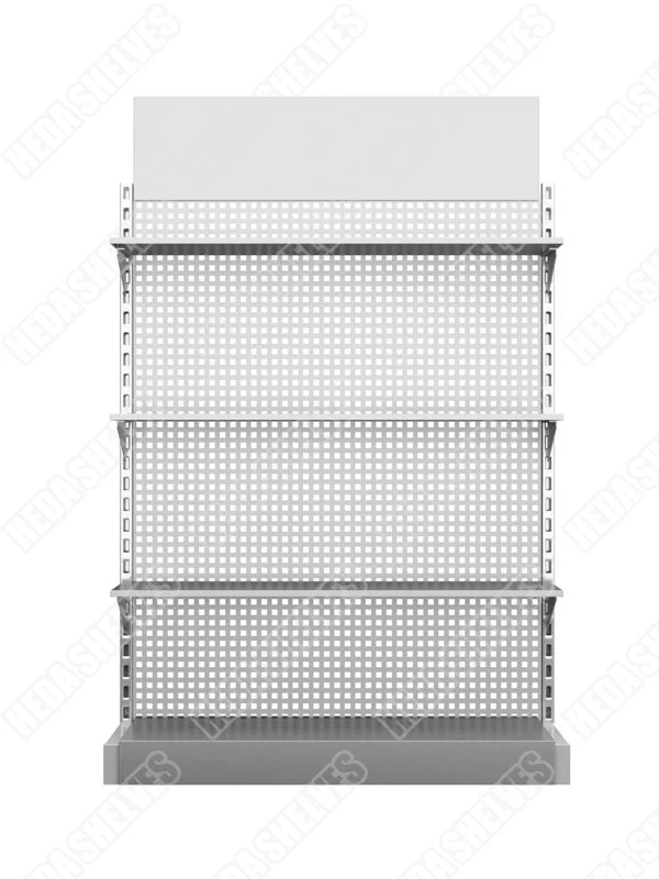Original straight-on front view of HEDA SGS09 silver-grey metal convenience store shelving, showing broad blank top sign panel, uniform square perforations, three elevated shelves and a lower metal base