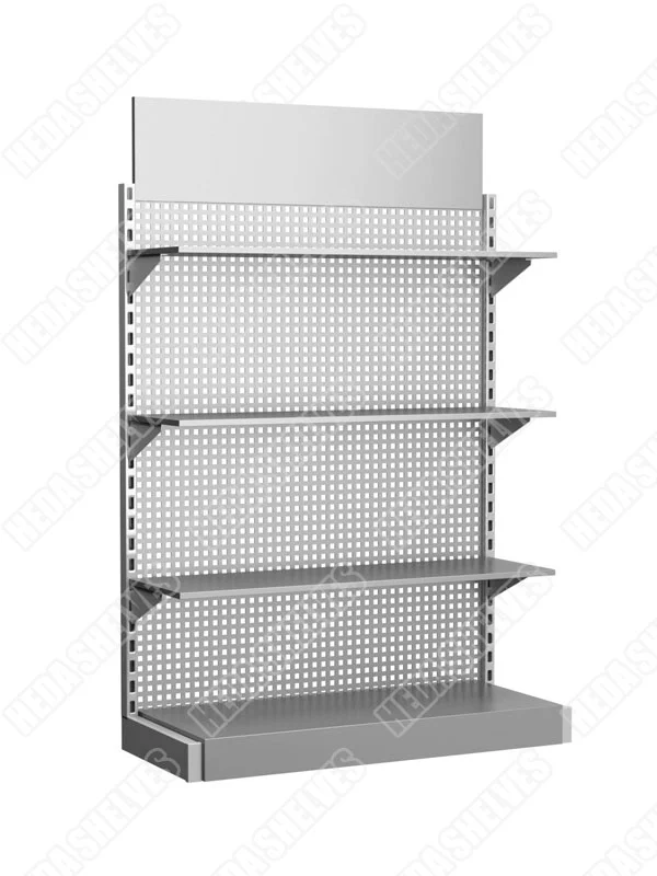 Original HEDA SGS09 silver-gray single-sided supermarket gondola display with broad blank header panel, square perforated metal backing, three upper shelves, triangular shelf brackets and lower base shelf