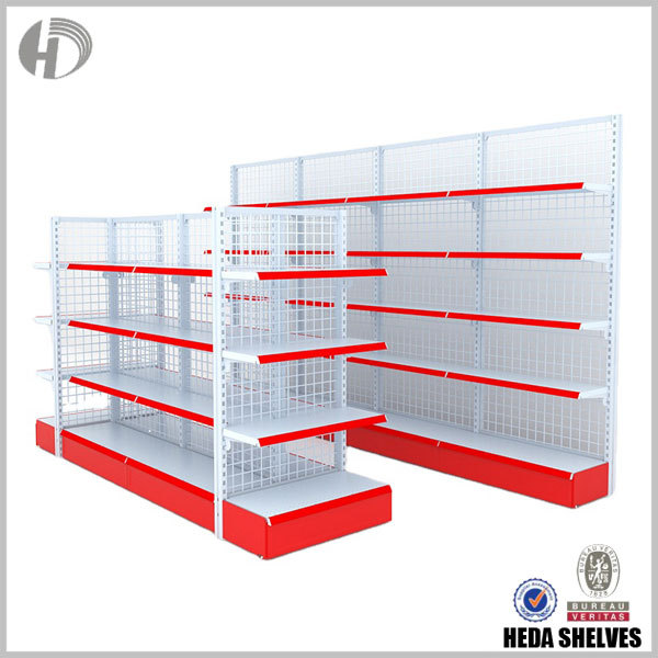 Red and White Gondola Shelves in Retail Store