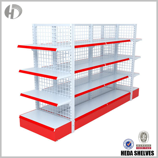 Red and White Gondola Shelves in Retail Store