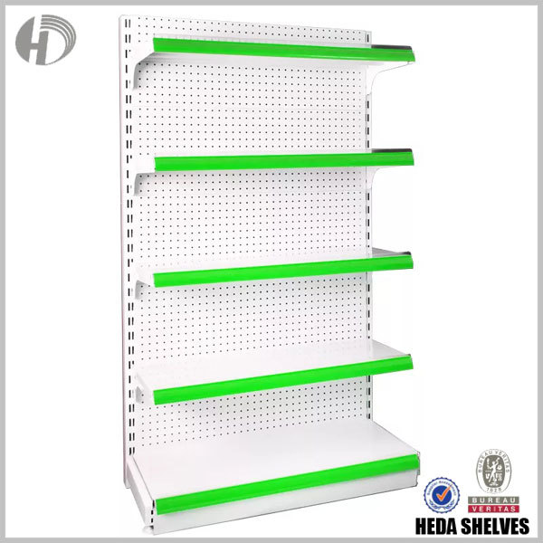 Green Supermarket Pegboard Gondola Shelves with Mesh