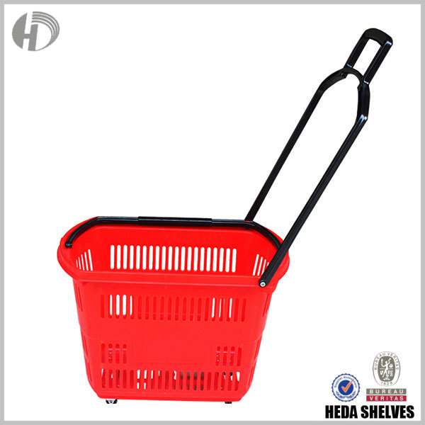 Plastic Supermarket Shopping Basket with Wheels