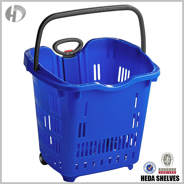 Plastic Supermarket Shopping Basket with Wheels