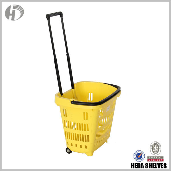 Plastic Supermarket Shopping Basket with Wheels