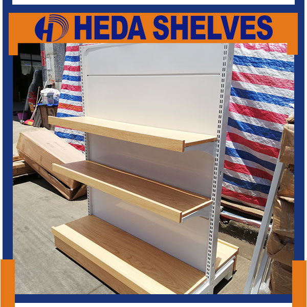 Supermarket Metal Gondola Shelves with Wooden Shelving
