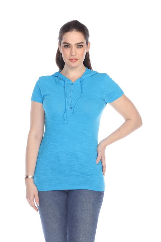 6051 Junior's Short Sleeve Cotton Slub Henley Hoodie