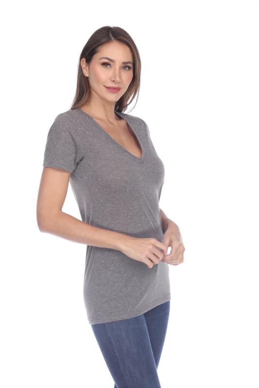3803 Junior's Short Sleeve Poly Linen Deep V Neck Tee