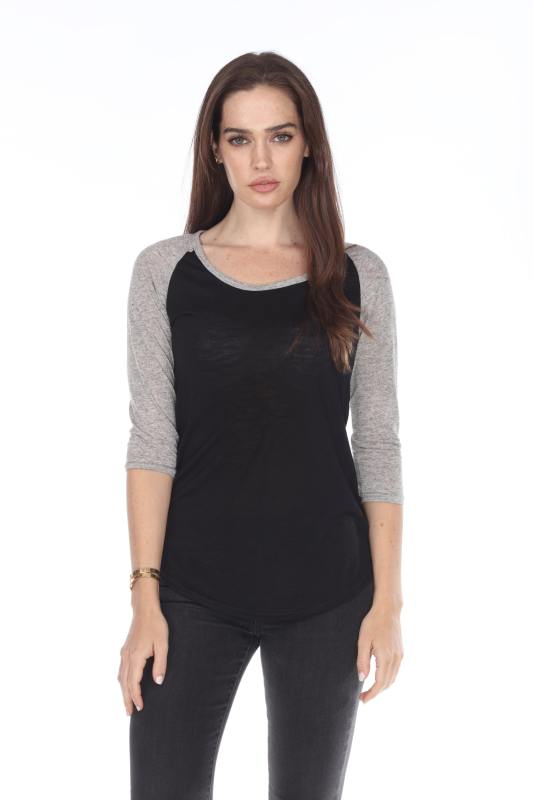3454 Junior's Poly Rayon Slub Scoop Neck 3/4 Sleeve Raglan