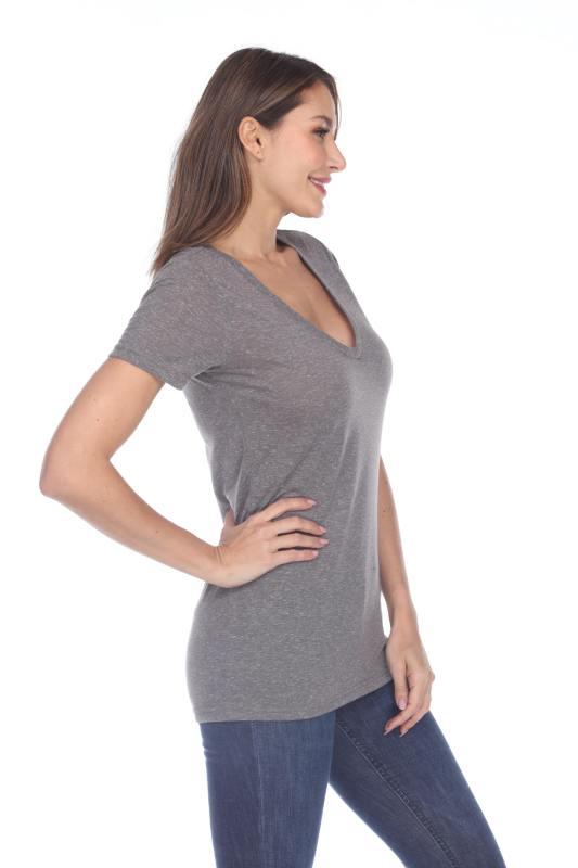 3803 Junior's Short Sleeve Poly Linen Deep V Neck Tee