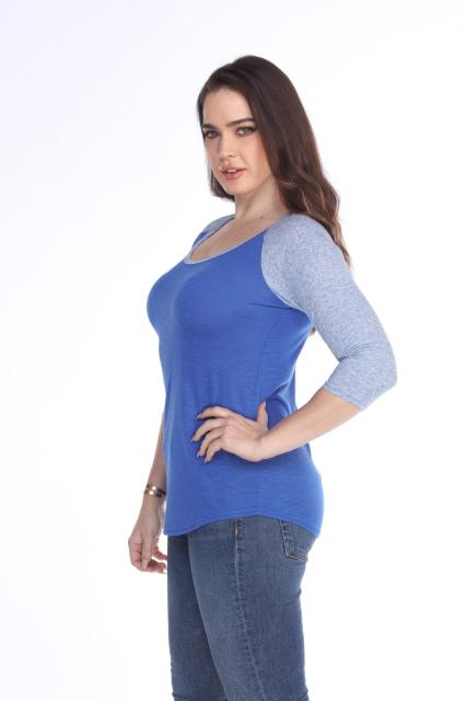 3454 Junior's Poly Rayon Slub Scoop Neck 3/4 Sleeve Raglan