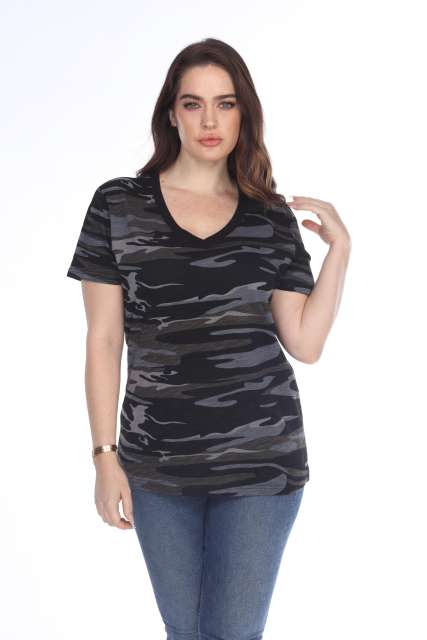 4003C Junior's Camo Print V-Neck Tee